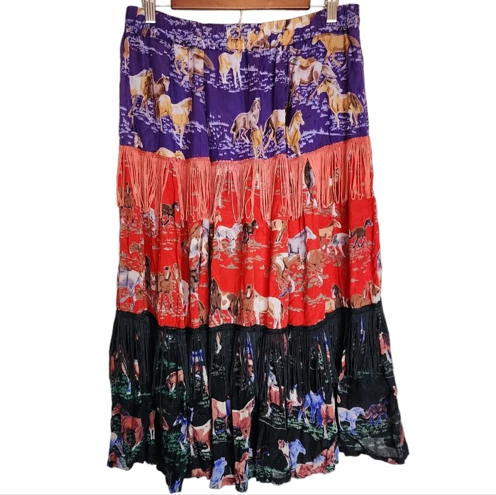 Vtg Why Not! Horse Print Tiered Maxi Skirt S Western Boho Rayon Fringe Red